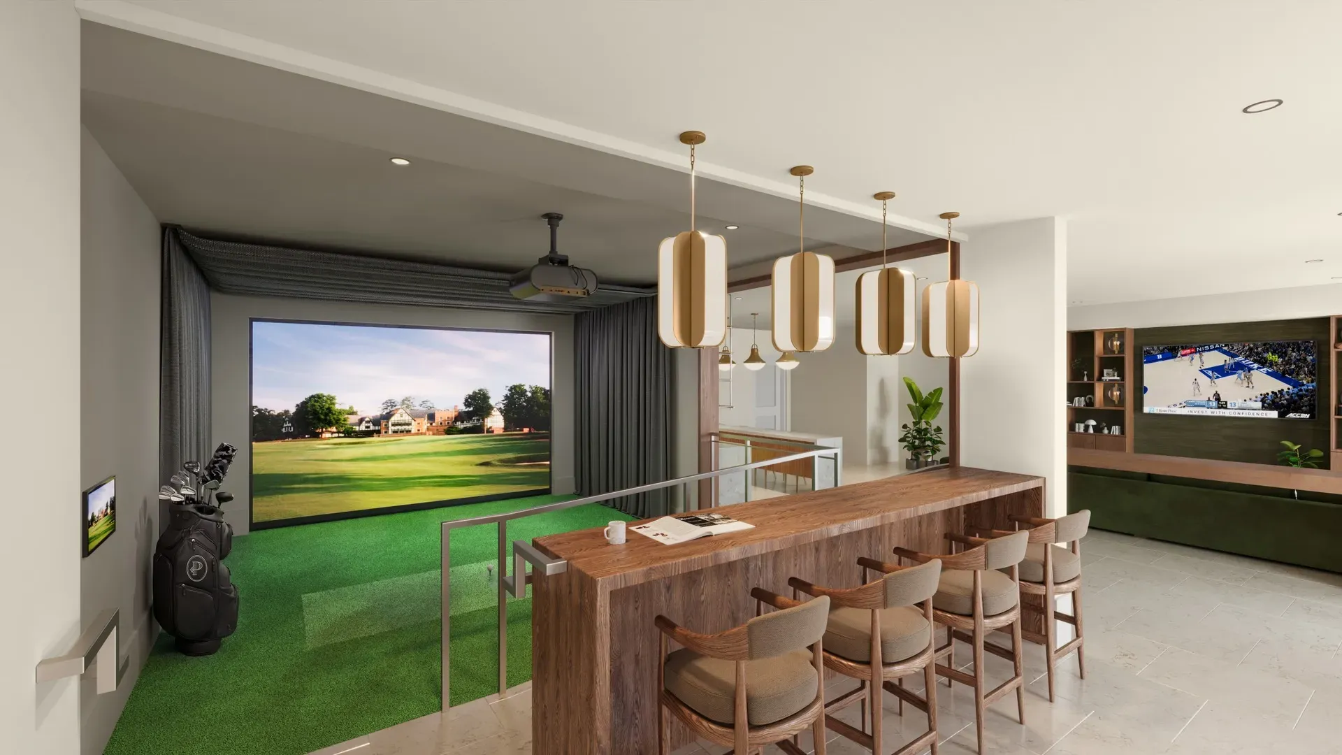 Golf simulator lounge with wood bar seating and sports TV at Pembroke at Friendly Center, Greensboro, NC