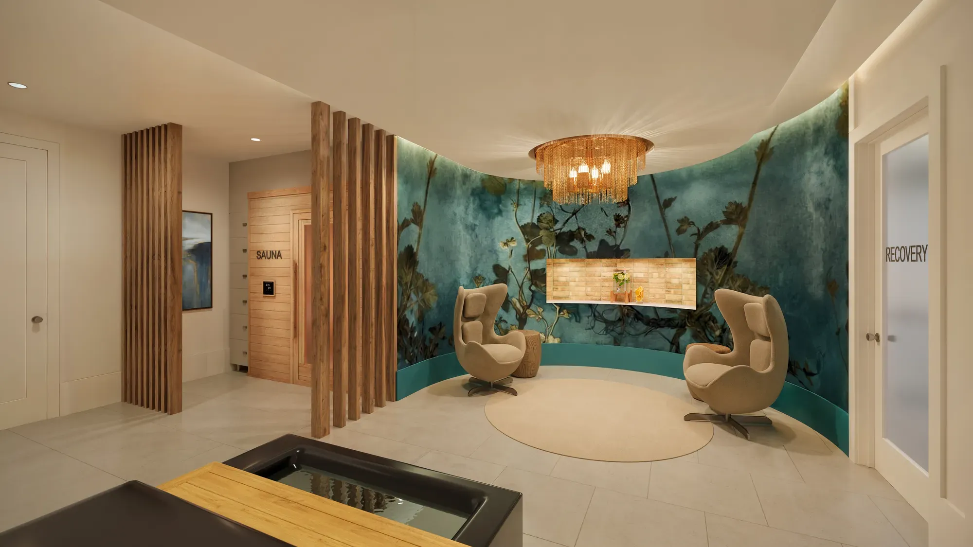 Wellness room with sauna, plunge tub and lounge chairs at Pembroke at Friendly Center, Greensboro, NC